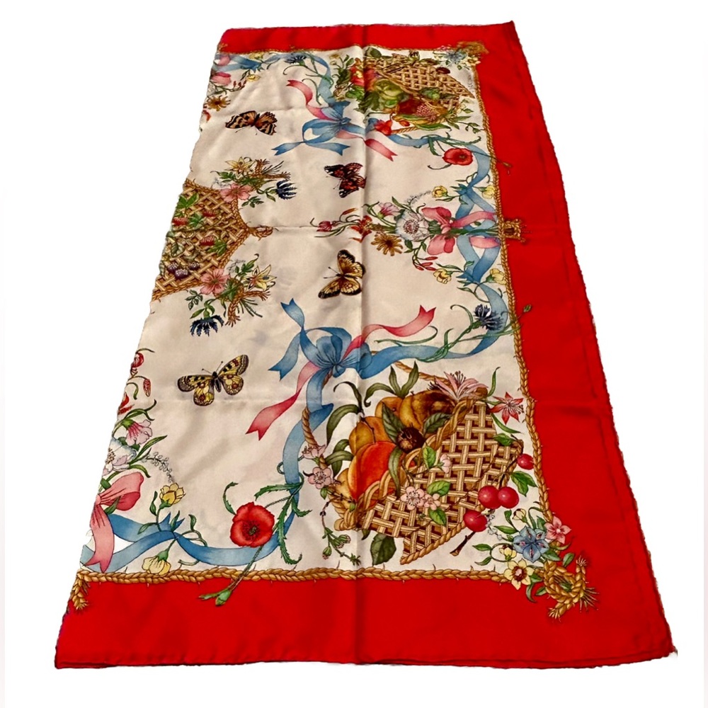 VINTAGE GUCCI 1970s Silk Scarf /Vittorio Accornero Floral Butterfly Fruit Print